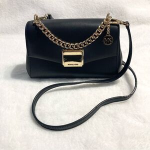 Michael Kors Lita Small Black Leather Crossbody Purse Bag Gold Tone Hardware